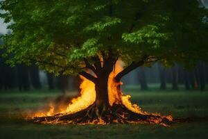 a tree with flames coming out of it. AI-Generated photo