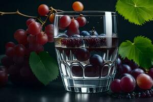 a glass of water with grapes and leaves. AI-Generated photo