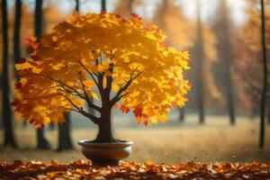 a tree in a pot on the ground in the middle of an autumn forest. AI-Generated photo