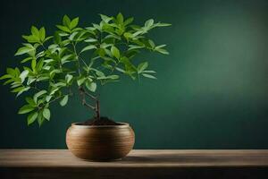 a small plant in a wooden pot on a table. AI-Generated photo