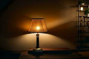 a lamp is on a table in a dark room. AI-Generated photo