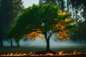 a tree with flames in the middle of a field. AI-Generated photo