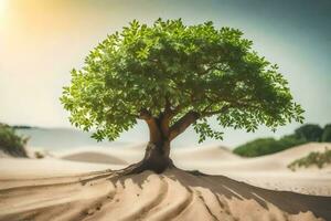 a tree in the desert with sand dunes. AI-Generated photo