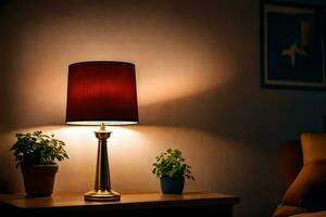 a lamp is on a table next to a plant. AI-Generated photo