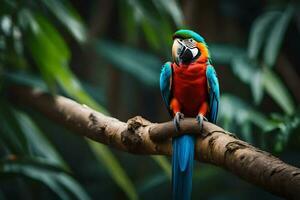 a colorful parrot sits on a branch in the jungle. AI-Generated photo