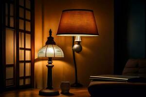 a lamp and a lampshade on a table. AI-Generated photo