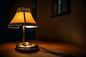 a lamp on a table in the dark. AI-Generated photo