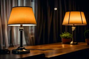 two lamps on a table in front of a curtain. AI-Generated photo