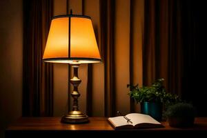 a lamp on a table with a book and a plant. AI-Generated photo