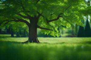 un árbol en un verde campo con un verde antecedentes. generado por ai foto