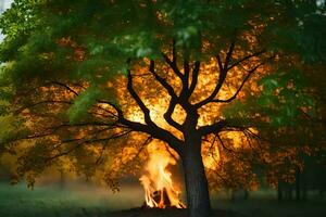 a tree with flames coming out of it in the middle of the night. AI-Generated photo