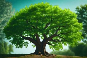 un árbol es mostrado en un campo con verde hojas. generado por ai foto