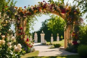 a wedding arch with flowers and greenery. AI-Generated photo