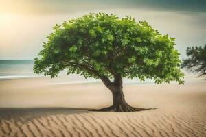 un árbol en el playa con arena y agua. generado por ai foto