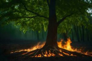 a tree with fire coming out of it in the middle of a forest. AI-Generated photo