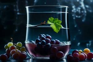 un vaso de vino con uvas y hojas. generado por ai foto