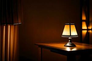 a lamp on a table in front of a curtain. AI-Generated photo