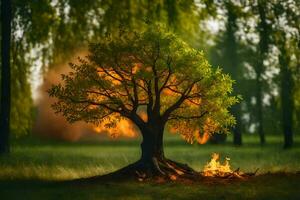 a tree with flames coming out of it in the middle of a field. AI-Generated photo