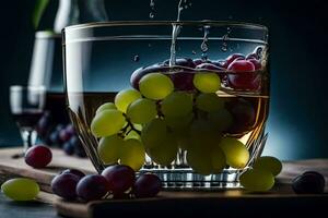 un vaso de vino con uvas y un botella de vino. generado por ai foto