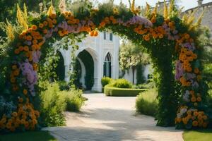 un Boda arco hecho de flores en frente de un casa. generado por ai foto