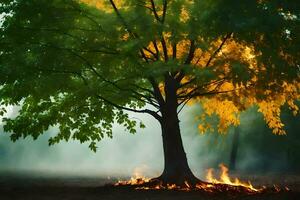 a tree with flames and smoke in the background. AI-Generated photo