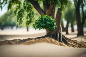a tree growing out of the sand in the middle of a field. AI-Generated photo