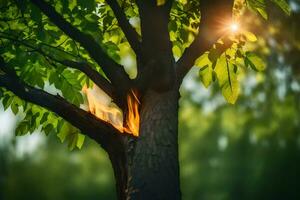 a tree with flames coming out of it. AI-Generated photo
