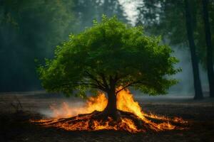 a tree is burning in the middle of a forest. AI-Generated photo