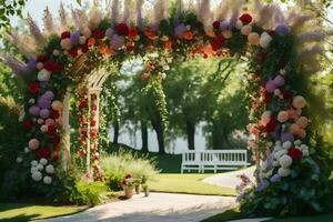 a wedding arch decorated with flowers and greenery. AI-Generated photo