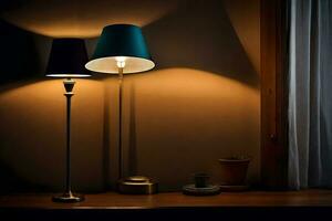 two lamps on a table in front of a window. AI-Generated photo