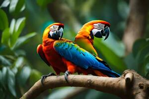 two colorful parrots sitting on a branch. AI-Generated photo