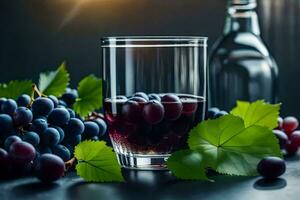 un vaso de vino y uvas en un oscuro mesa. generado por ai foto