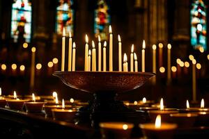 velas son iluminado en un Iglesia con manchado vaso ventanas generado por ai foto