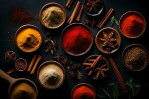 various spices and spices in bowls on a black background. AI-Generated photo