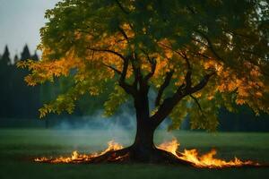 a tree with flames coming out of it in the middle of a field. AI-Generated photo