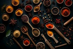 various spices and herbs in bowls on a black background. AI-Generated photo