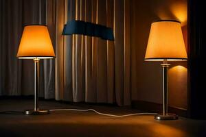 two lamps are on a table in front of a curtain. AI-Generated photo