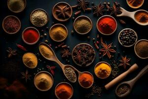 various spices and herbs in bowls on a black background. AI-Generated photo