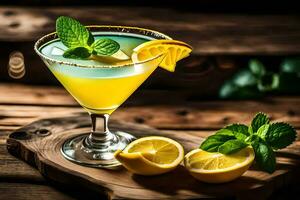 a cocktail with lemon and mint on a wooden table. AI-Generated photo