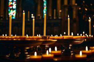 muchos velas son iluminado en un iglesia. generado por ai foto