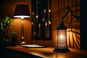 a lamp is lit on a table next to a lamp. AI-Generated photo