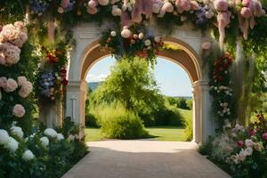 a walkway with flowers and archway. AI-Generated photo