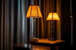 two lamps on a table in front of curtains. AI-Generated photo