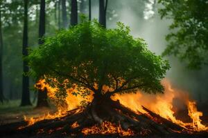 a tree is burning in the middle of a forest. AI-Generated photo