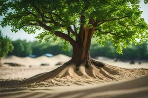 a tree growing out of the sand in the desert. AI-Generated photo