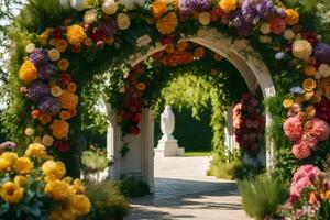 a flower archway with colorful flowers and greenery. AI-Generated photo