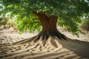 a tree in the desert with sand and trees. AI-Generated photo
