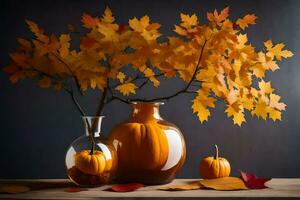 otoño hojas en un florero con calabazas y hojas. generado por ai foto