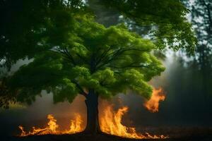 a tree with flames coming out of it in the middle of a forest. AI-Generated photo