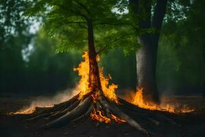 a tree with flames coming out of it in the middle of a forest. AI-Generated photo